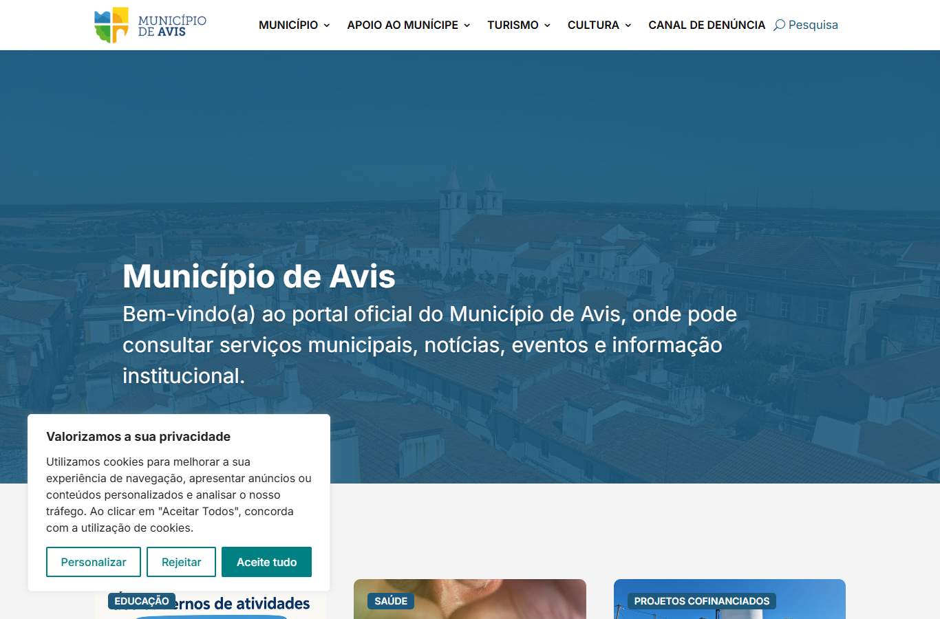 Página inicial de Avis no momento da medição