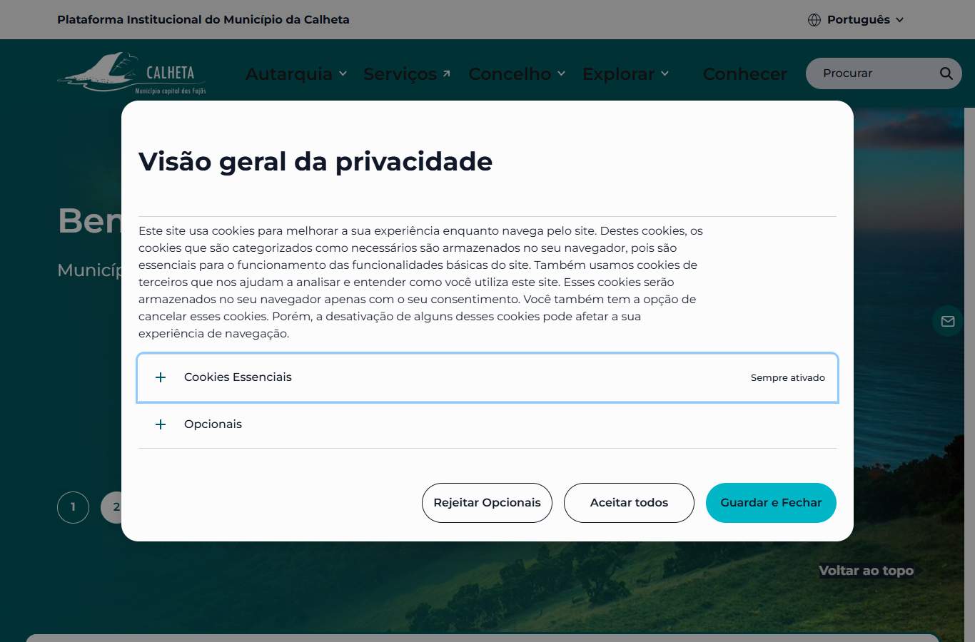 Página inicial de Calheta no momento da medição