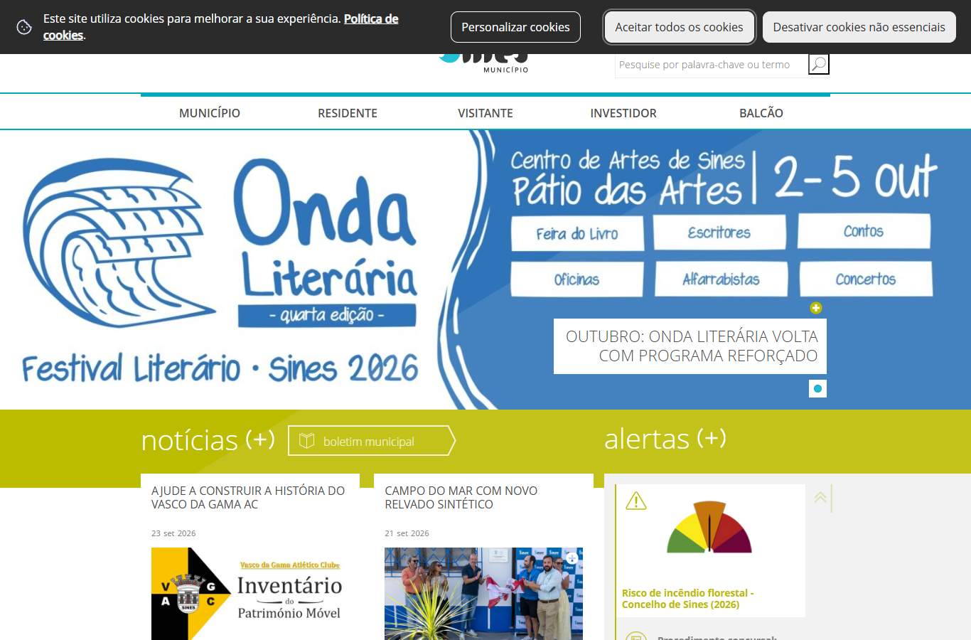 Página inicial de Sines no momento da medição