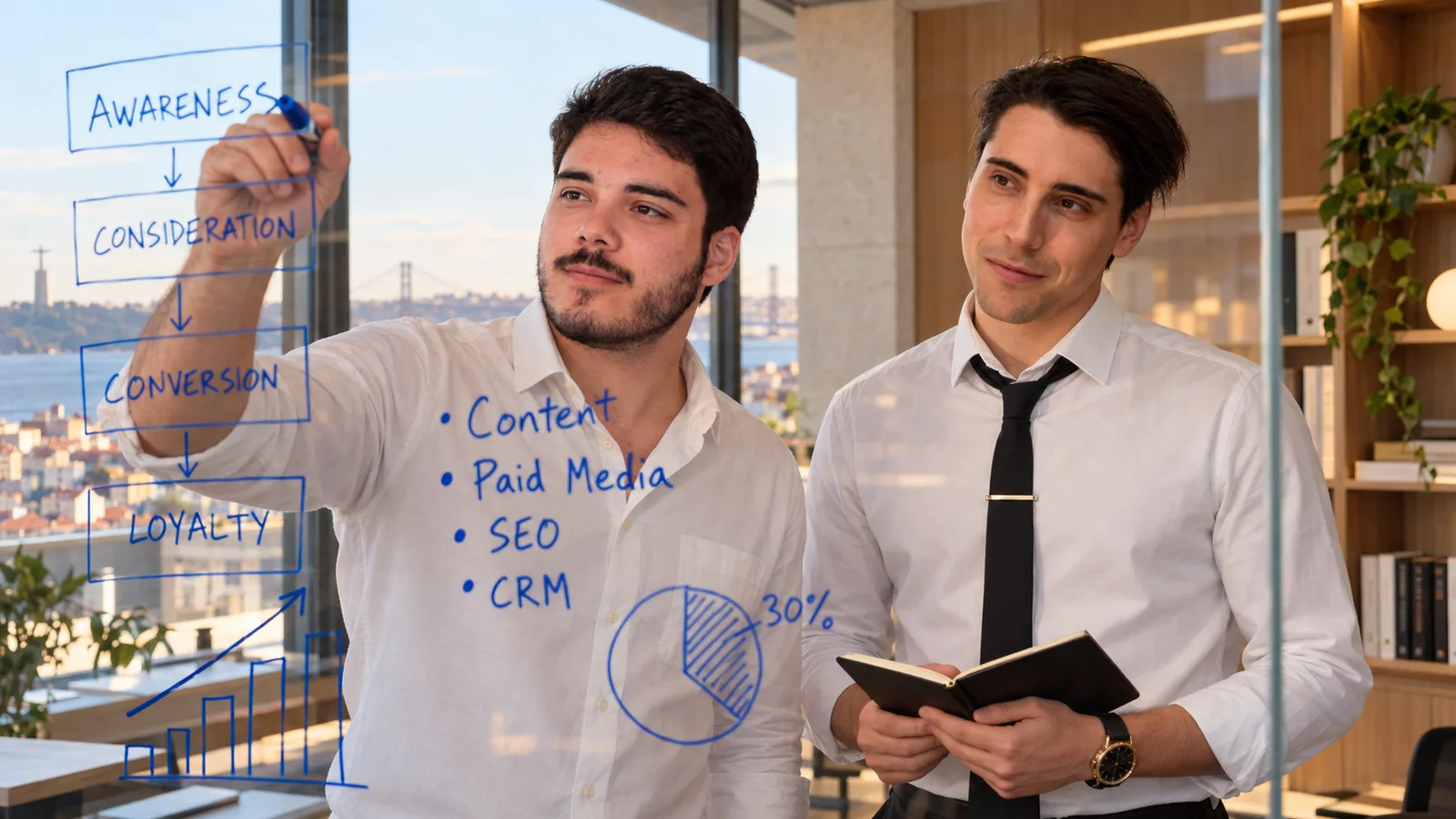 João Petrucci e António Antunes, da DEMARCA, a planear uma estratégia de marketing