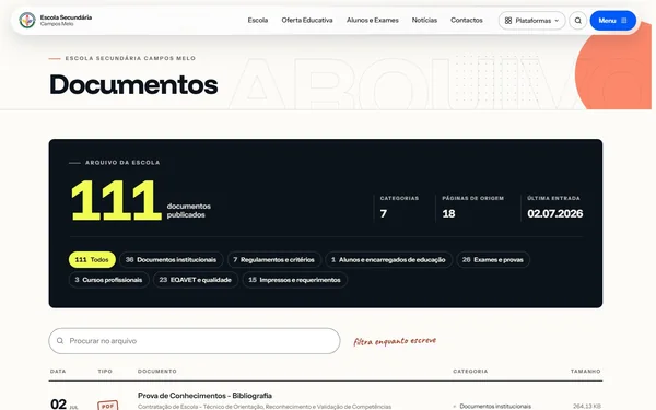 Arquivo de documentos do site da Escola Secundária Campos Melo, com filtros por categoria e pesquisa