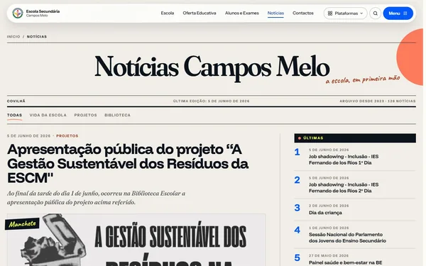 Página de notícias do site da Escola Secundária Campos Melo, com a manchete e as últimas notícias