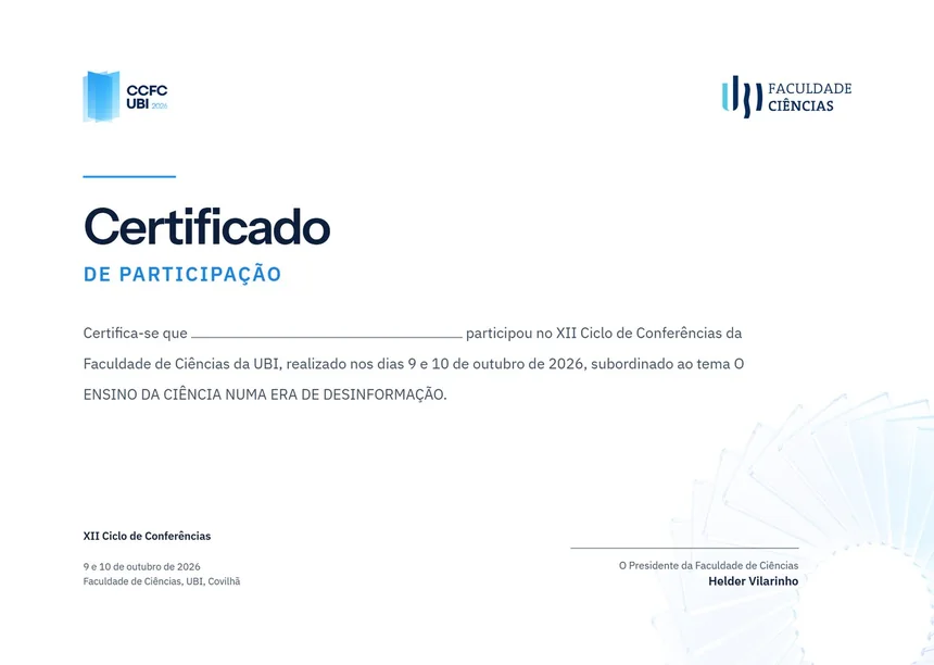 Certificado de participação do CCFC UBI 2026, com a identidade do evento e o logótipo da Faculdade de Ciências