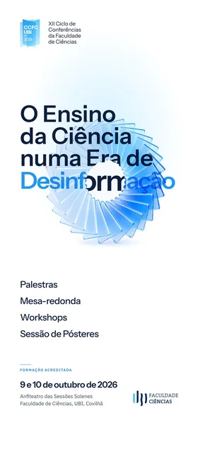Roll-up do CCFC UBI 2026 com o programa de palestras, mesa-redonda, workshops e sessão de pósteres