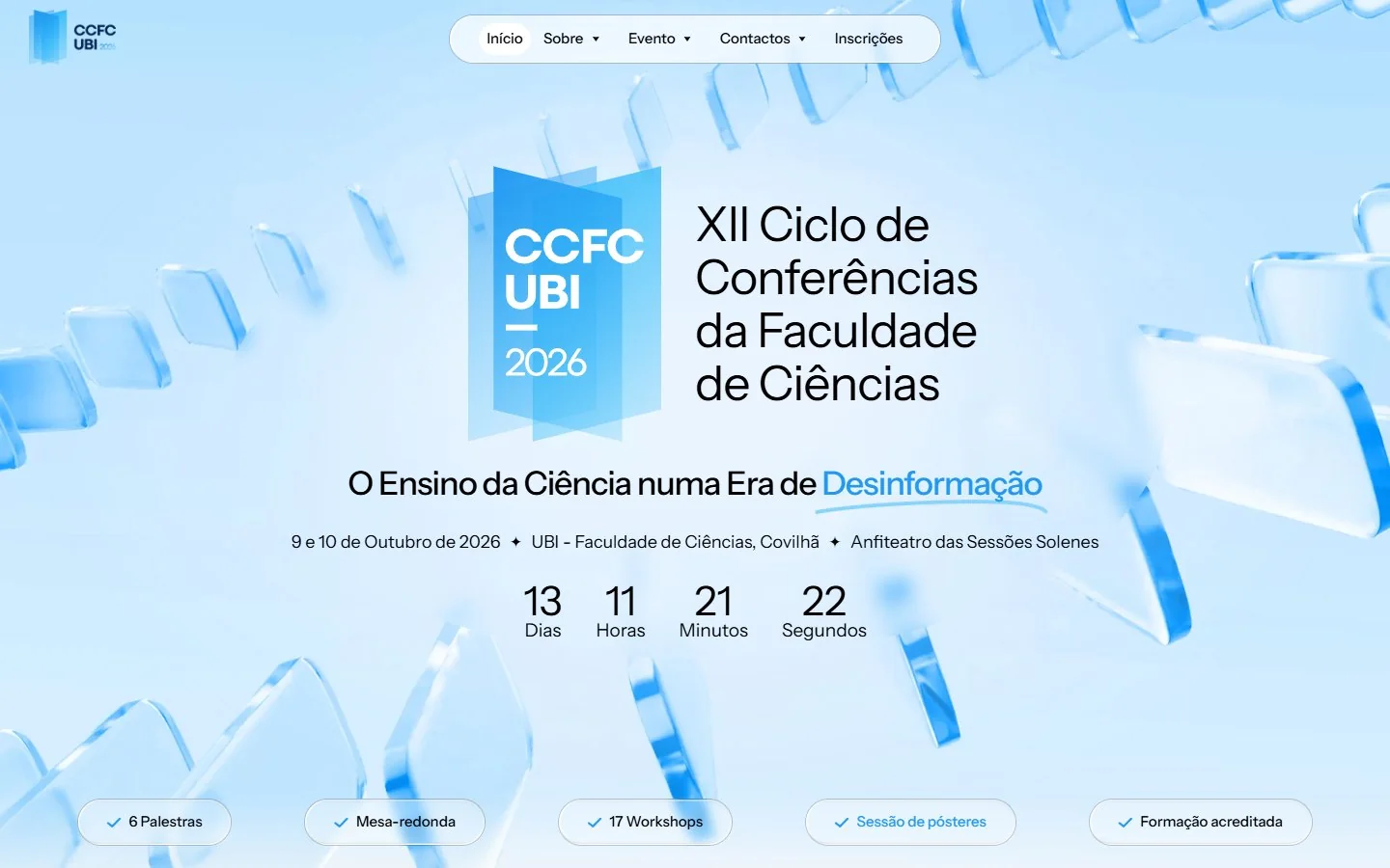 Página inicial do site do CCFC UBI 2026, o XII Ciclo de Conferências da Faculdade de Ciências da Universidade da Beira Interior