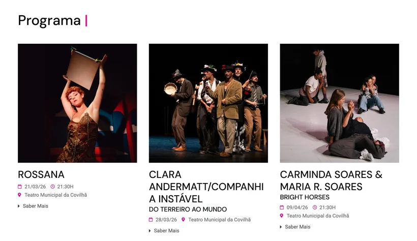 Agenda de espetáculos do site da Quarta Parede, com datas e locais de cada sessão no Teatro Municipal da Covilhã