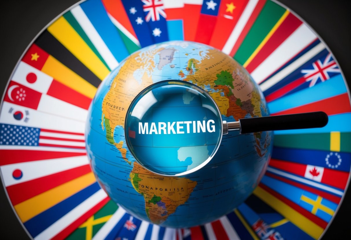 Um globo rodeado por várias bandeiras, representando diferentes países, com uma lupa focada na palavra "marketing".