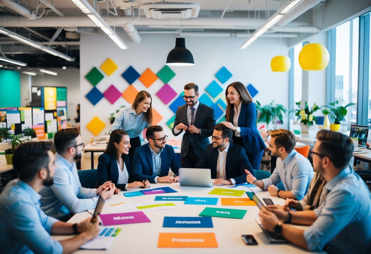 Um espaço de escritório movimentado com profissionais criativos a fazer brainstorming e a colaborar em ideias, rodeados por materiais de marca coloridos e opções de nomes.