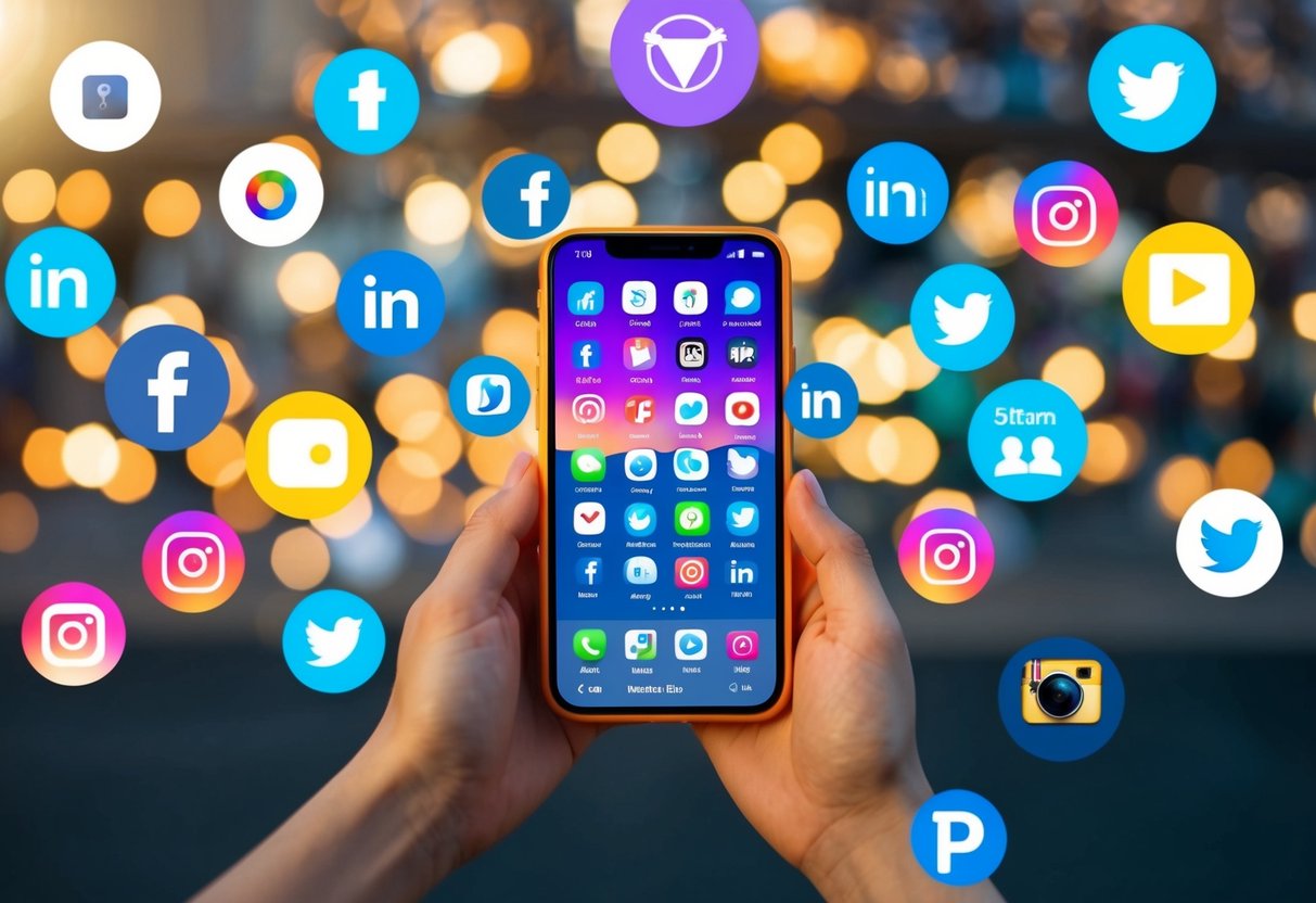 Um smartphone colorido com uma aplicação de câmara aberta, rodeado por ícones de várias plataformas de redes sociais.