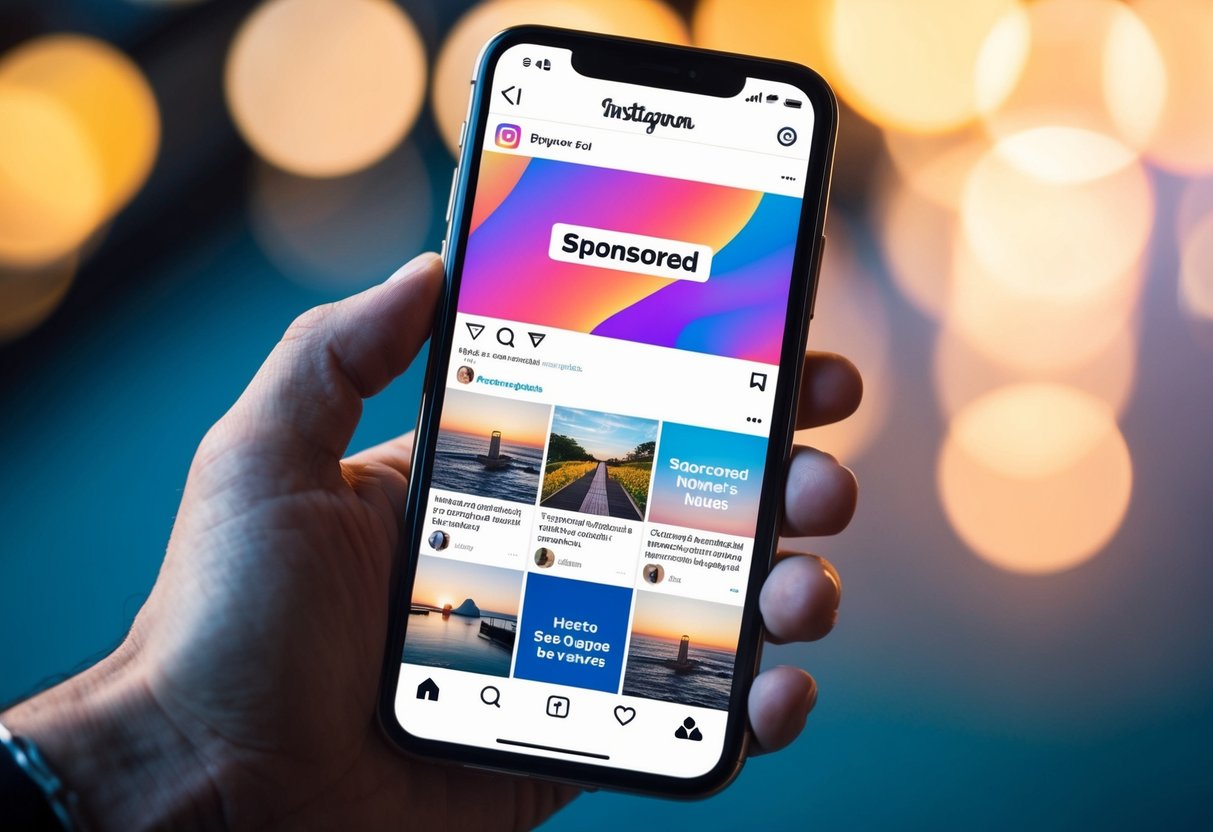 Um smartphone a mostrar um feed do Instagram com vários posts patrocinados e um rótulo em destaque de "Patrocinado". Cores vibrantes e visuais cativantes chamam a atenção do espectador.