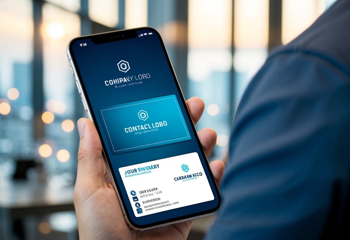 Um cartão de visita digital exibido na tela de um smartphone com um design elegante e profissional, apresentando informações de contacto e um logótipo da empresa.