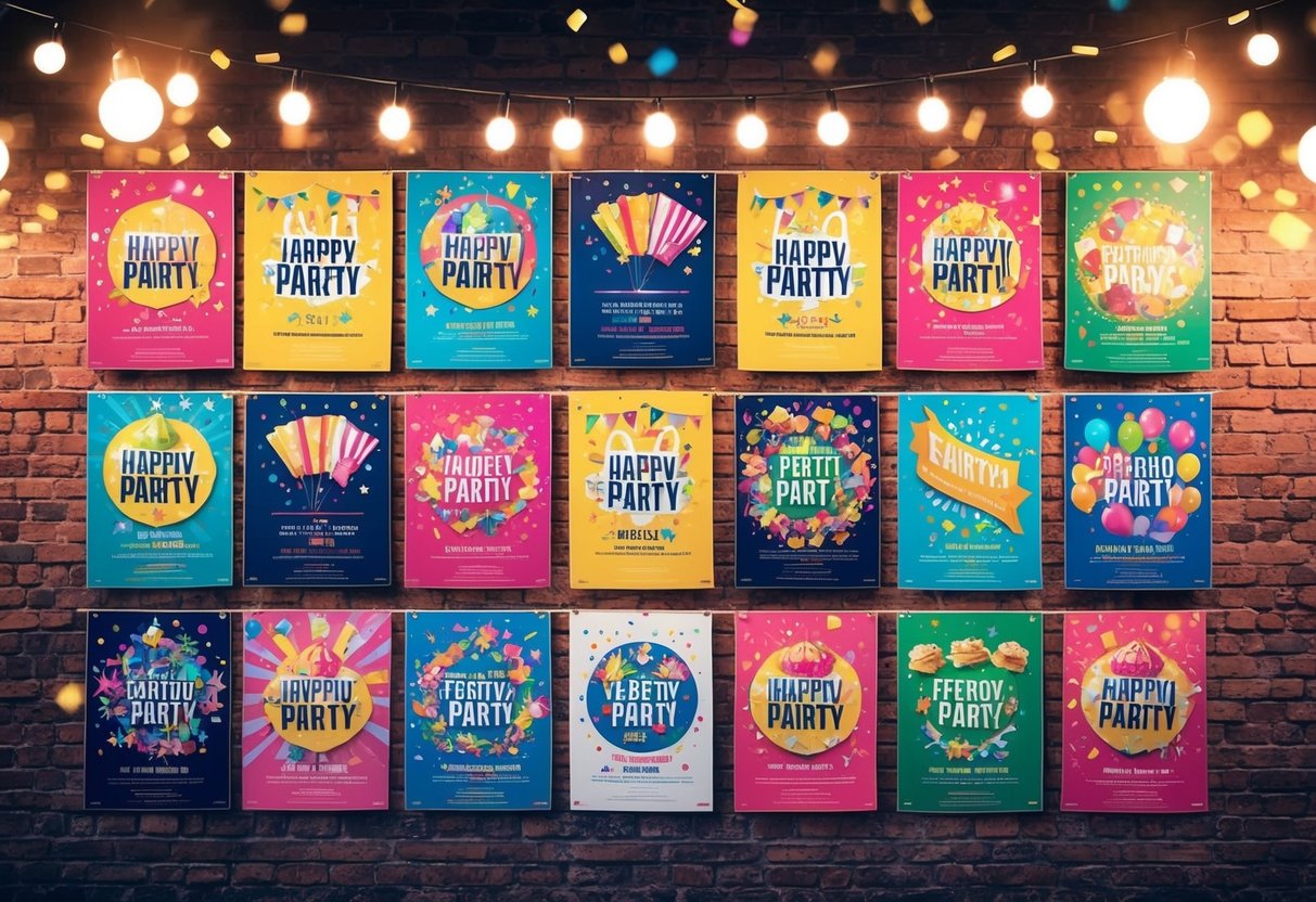 Uma colorida variedade de cartazes de festa, com designs vibrantes e imagens festivas, pendura-se numa parede de tijolos. Luzes brilhantes e confetti acrescentam à atmosfera animada.