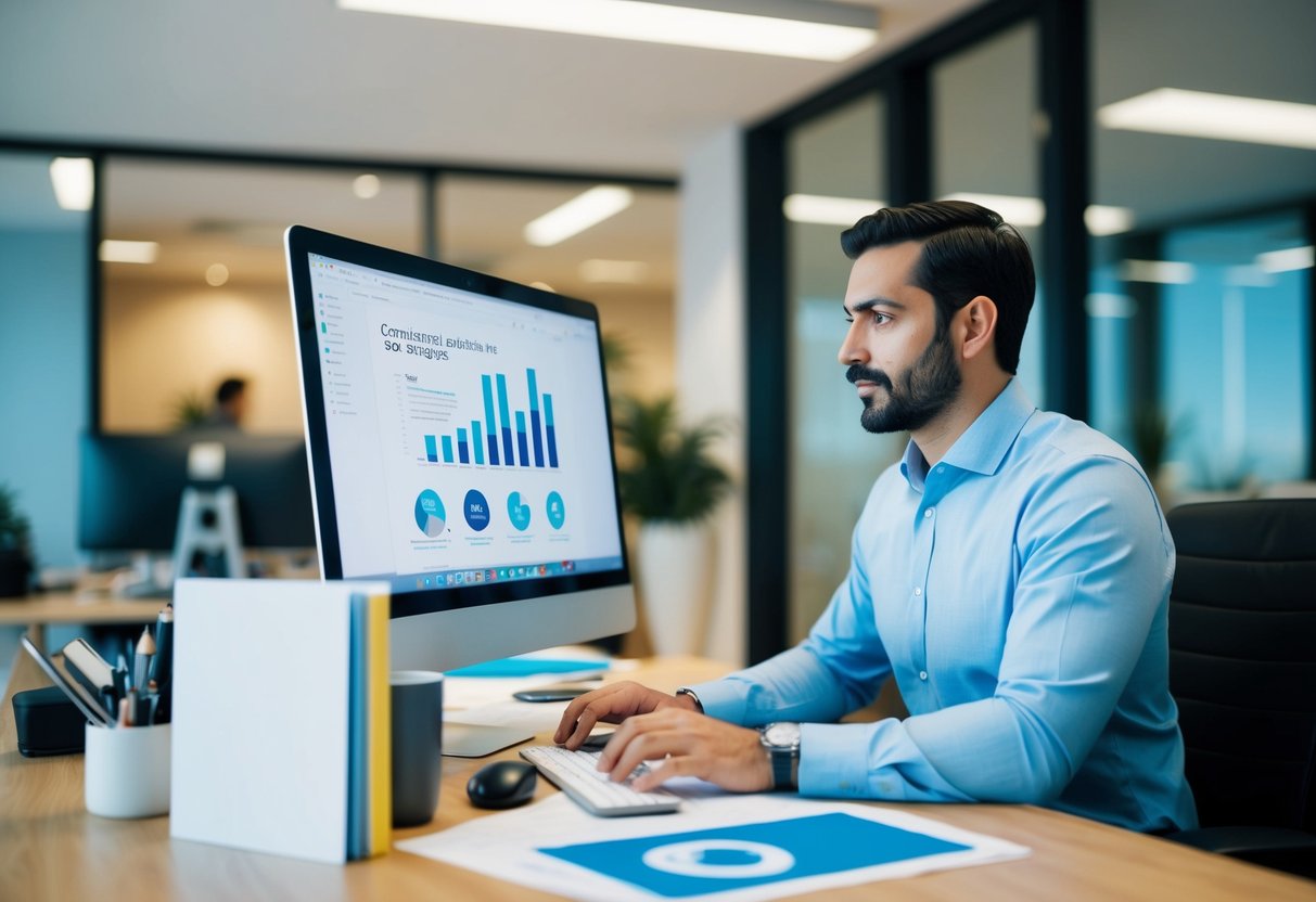 Um consultor a investigar estratégias de SEO numa secretária com um computador e vários materiais de marketing num escritório moderno em Portugal.