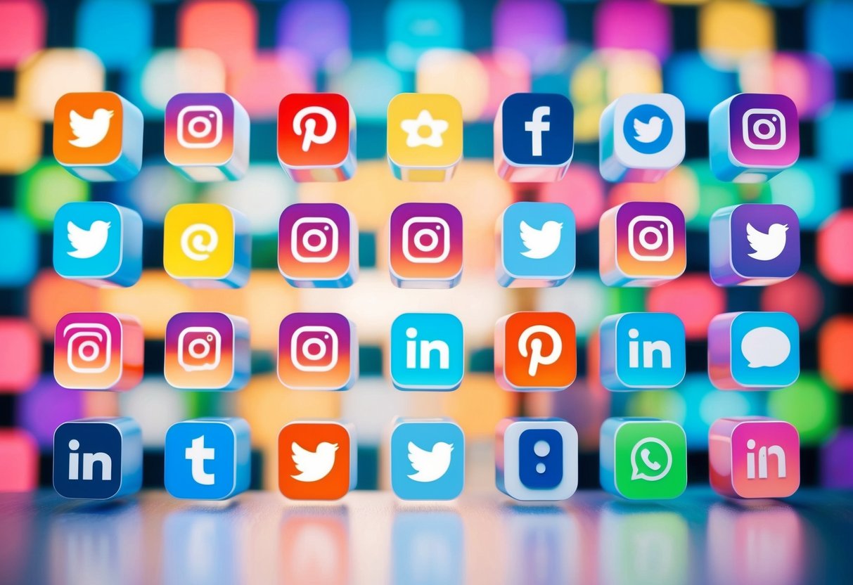 Uma grelha colorida de ícones de redes sociais dispostos numa composição equilibrada e visualmente apelativa
