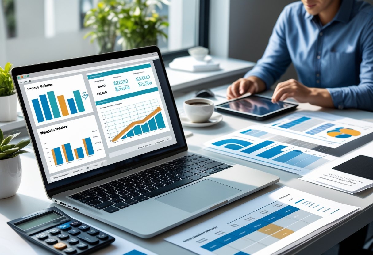 Mesa de trabalho com computador portátil a mostrar gráficos financeiros e esboços de sites, calculadora, folhas de orçamento e uma pessoa a analisar dados num tablet.