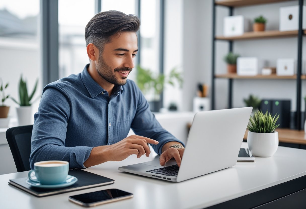 Um pequeno empresário a trabalhar num computador portátil num escritório moderno, com elementos que sugerem um negócio pequeno ao fundo.