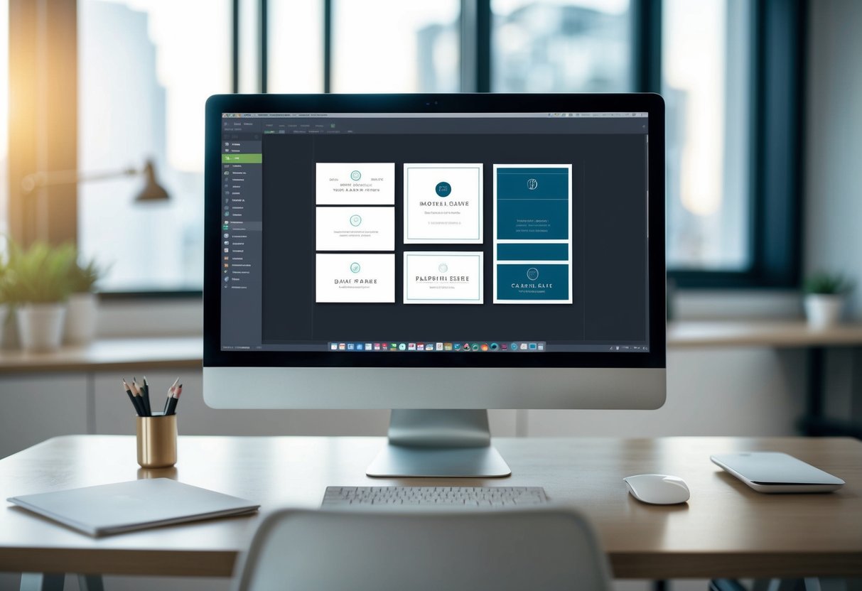 Uma secretária com um computador e software de design aberto, com vários modelos de cartões de visita e elementos de design no ecrã.