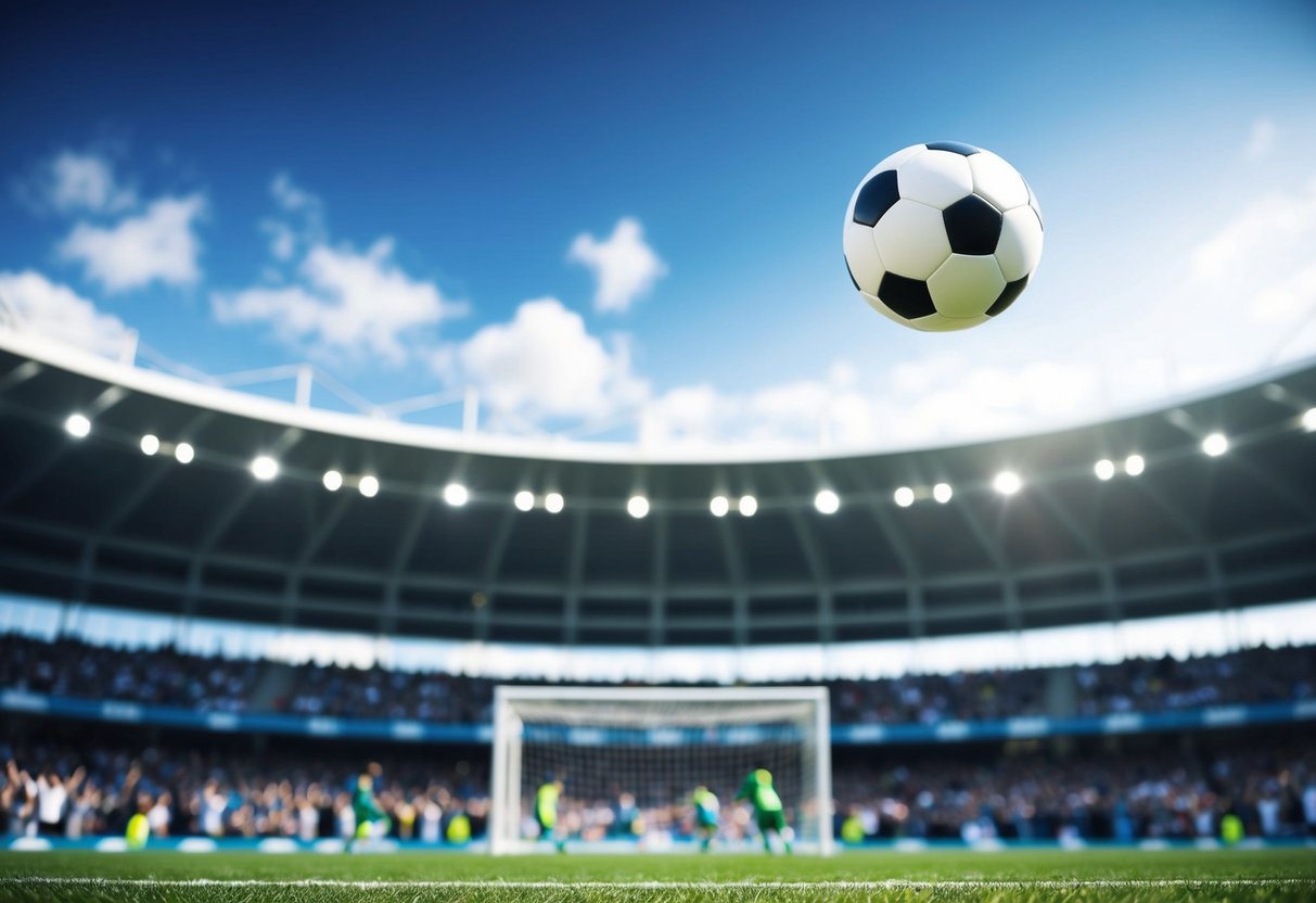 Uma bola de futebol a voar pelo ar em direção a uma baliza, com um estádio ao fundo e adeptos a aplaudir nas bancadas.