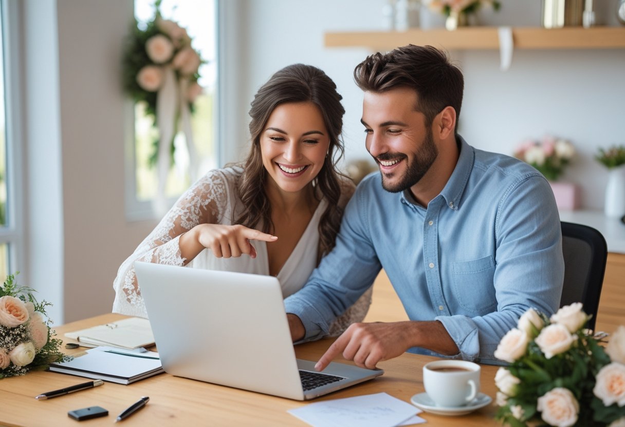 Casal sorridente a planear o casamento juntos num escritório em casa, a olhar para um computador portátil com materiais de planeamento de casamento na mesa.