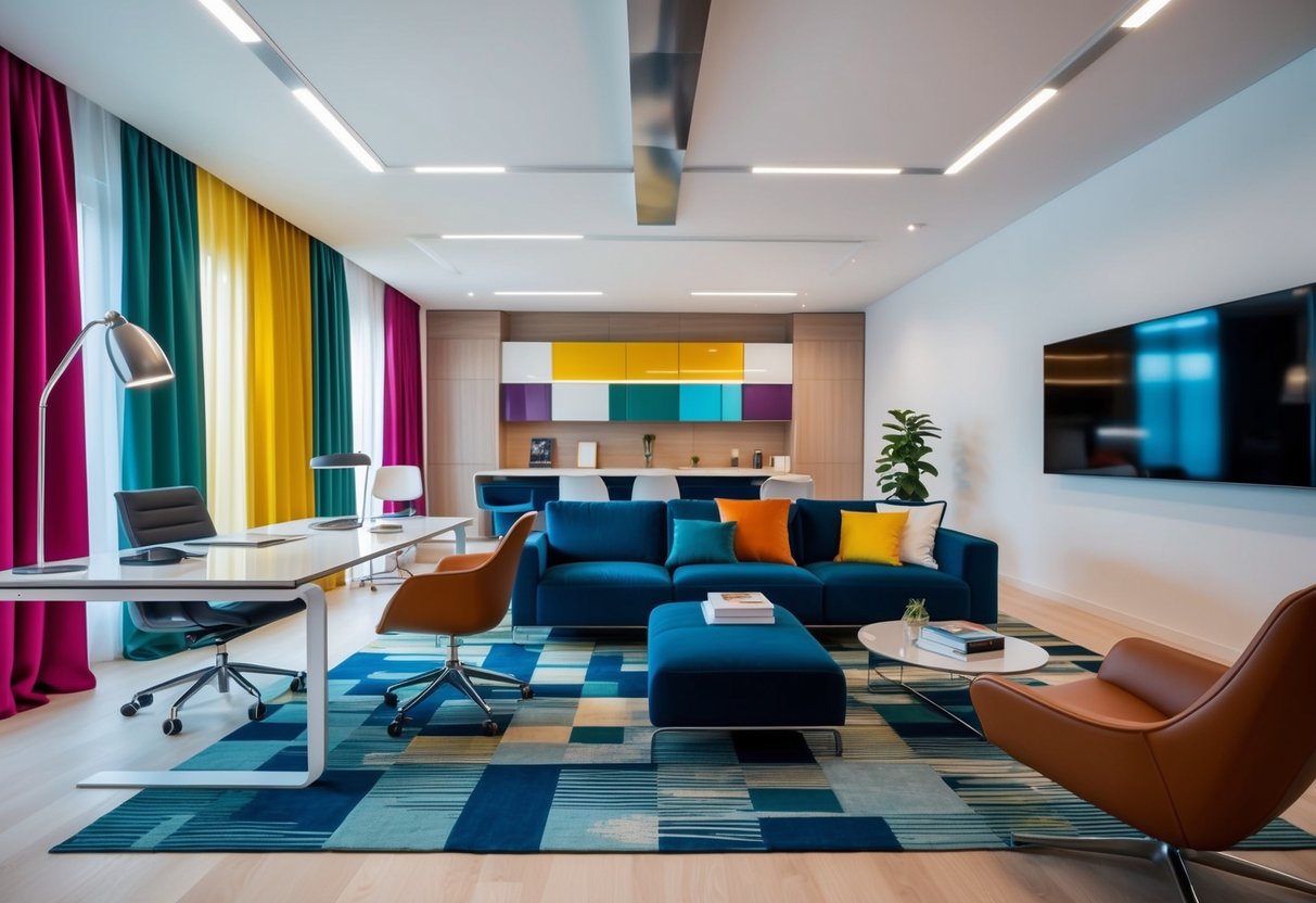 Um estúdio de design moderno em Portugal, com móveis elegantes, paletas de cores vibrantes e tecnologia inovadora.