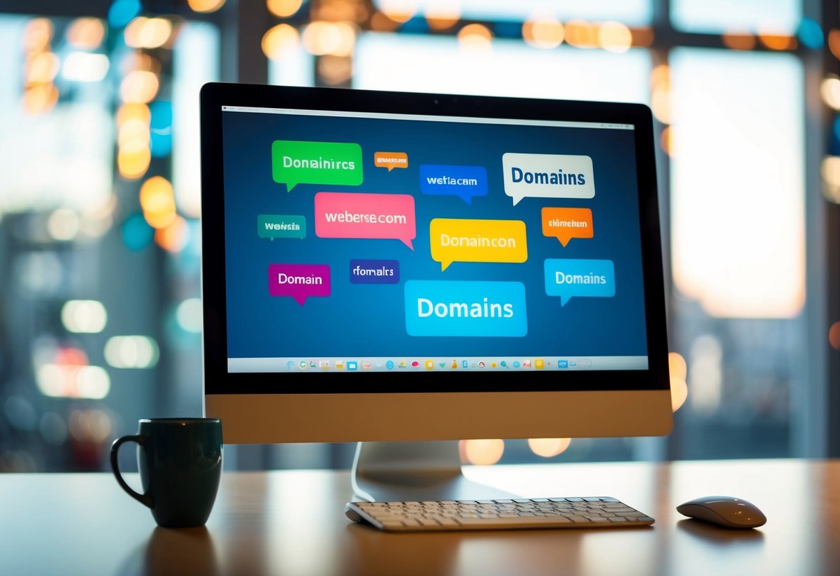 Um ecrã de computador a exibir uma variedade de nomes de domínio de websites coloridos flutuando no espaço digital