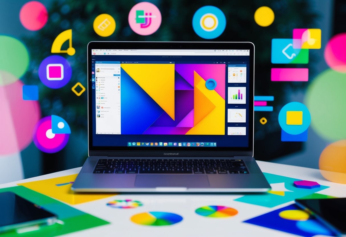 Um portátil com um design vibrante e moderno, com software aberto, rodeado por gráficos coloridos, ícones e formas.