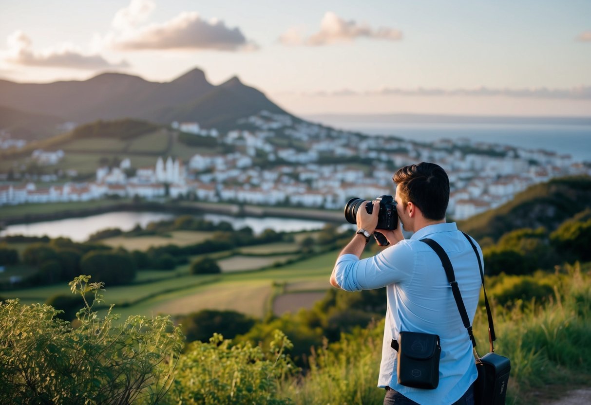 Uma vista pitoresca da paisagem da Covilhã, com um fotógrafo profissional a capturar a beleza dos arredores com a sua câmara.