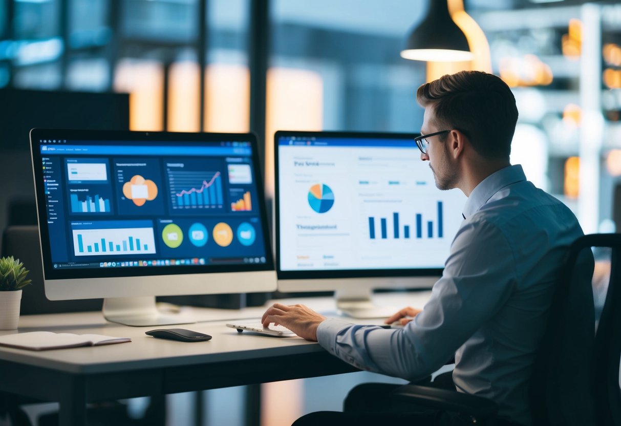 Uma pessoa sentada a uma secretária com um computador, a analisar dados e a gerir anúncios online em várias plataformas.