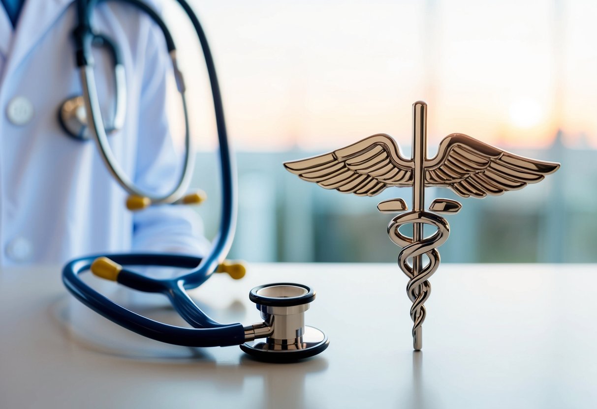 Um estetoscópio de médico e um símbolo de cruz médica rodeados por um caduceu, tudo isto num fundo limpo e profissional.