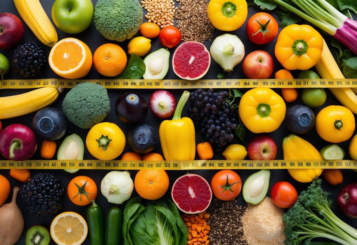 Uma variedade colorida de frutas, legumes e grãos dispostos numa composição equilibrada e apelativa, com uma fita métrica estilizada entrelaçada.