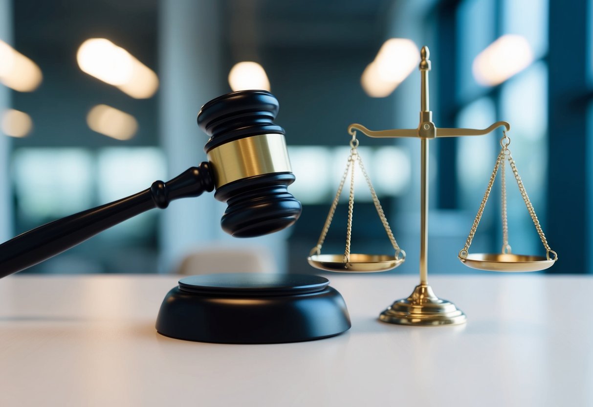 Uma balança elegante e minimalista equilibrada sobre um martelo, simbolizando justiça e equilíbrio para o logótipo de um advogado moderno.