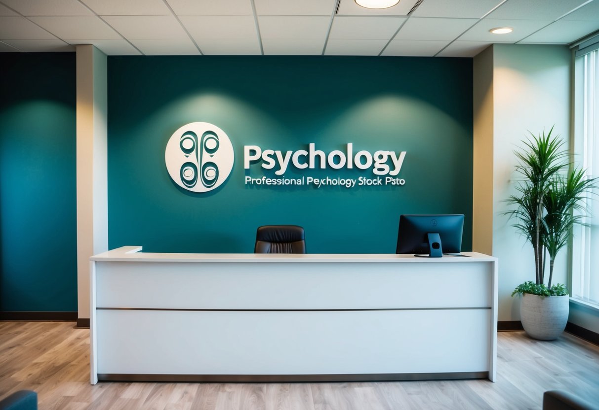 Um espaço de escritório sereno e acolhedor, com um logótipo de psicologia em destaque na parede atrás da receção.