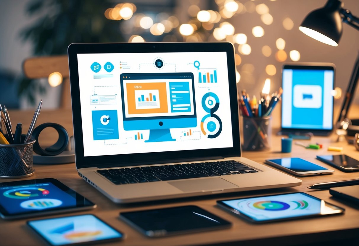 Um laptop a exibir elementos de marketing digital e design gráfico rodeado por ferramentas criativas e tecnologia.
