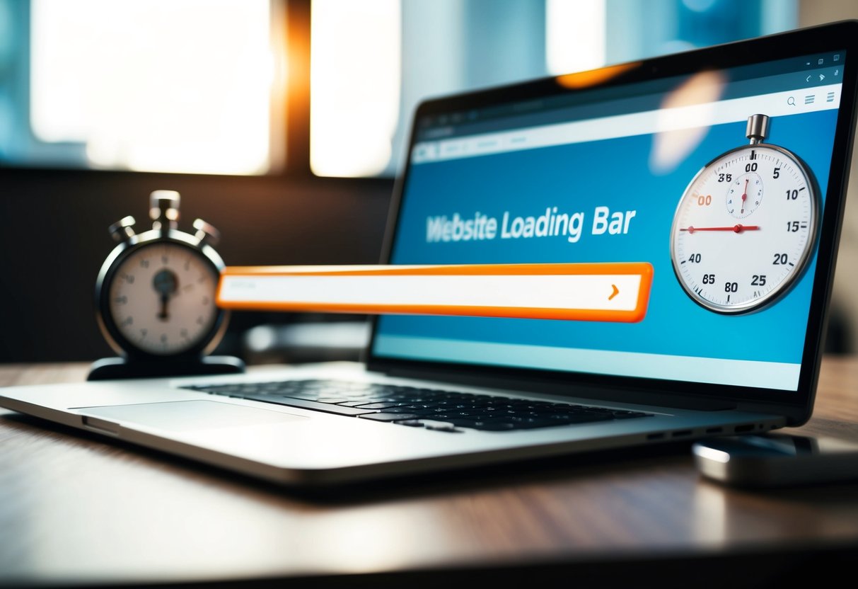 Uma barra de carregamento de um website a correr pela tela de um computador com um cronómetro ao fundo
