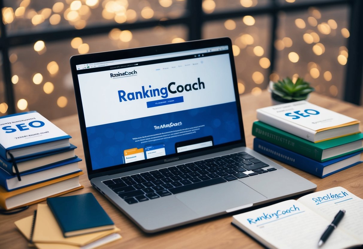 Um laptop a mostrar o site do RankingCoach, rodeado de livros de SEO e um bloco de notas com notas de SEO