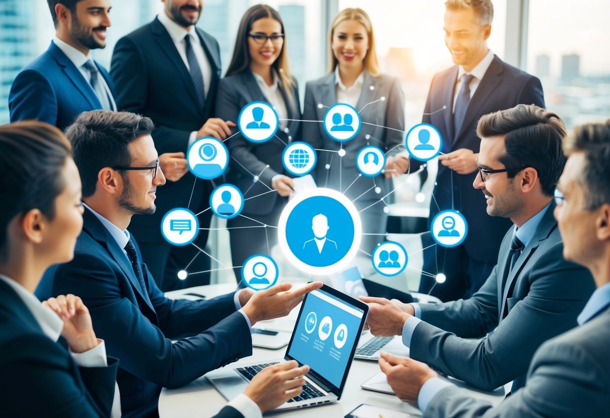 Um grupo de profissionais a fazer networking e a partilhar informações numa plataforma digital, simbolizando a importância das redes sociais profissionais.