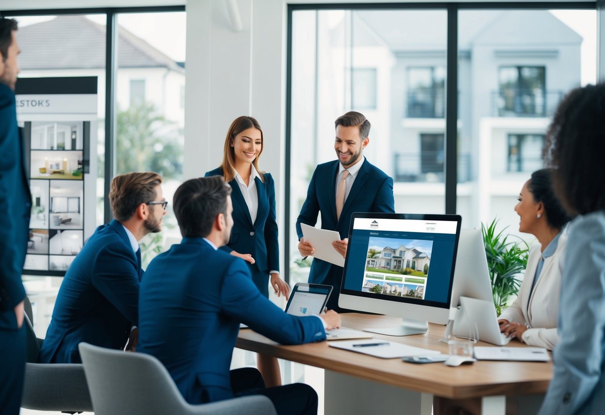 Um escritório imobiliário movimentado com agentes a reunir-se com clientes, uma grande janela a exibir anúncios de propriedades e um site elegante num ecrã de computador.
