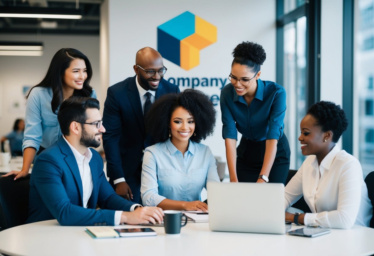 Um grupo de pessoas diversas a trabalhar em conjunto num ambiente de escritório, com o logótipo da empresa e a marca exibidos de forma proeminente.