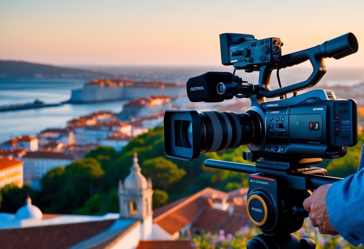 Uma câmara de vídeo moderna a capturar vistas cénicas das paisagens e da arquitetura em evolução de Portugal.