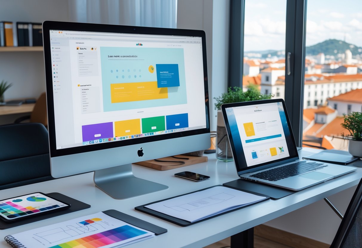 Espaço de trabalho moderno em Lisboa com computador, portátil e materiais de design para web
