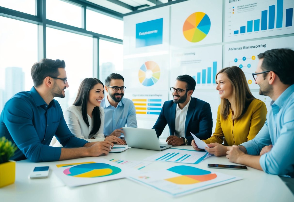 Uma equipa a fazer brainstorming de forma criativa num escritório moderno e luminoso, rodeada por materiais de marca coloridos e gráficos.