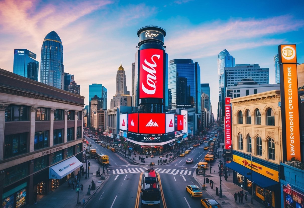 Um horizonte urbano vibrante com um logótipo de marca proeminente exibido em um grande painel publicitário, rodeado por ruas movimentadas e montras coloridas.