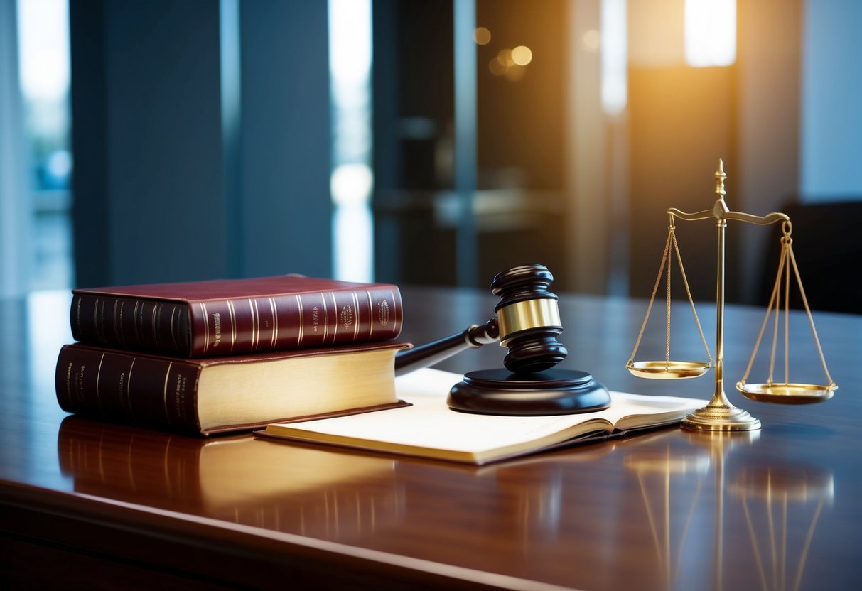 Uma mesa elegante com um livro de direito encadernado em pele, um martelo e uma balança da justiça, todos dispostos de forma organizada sobre uma superfície de madeira polida.