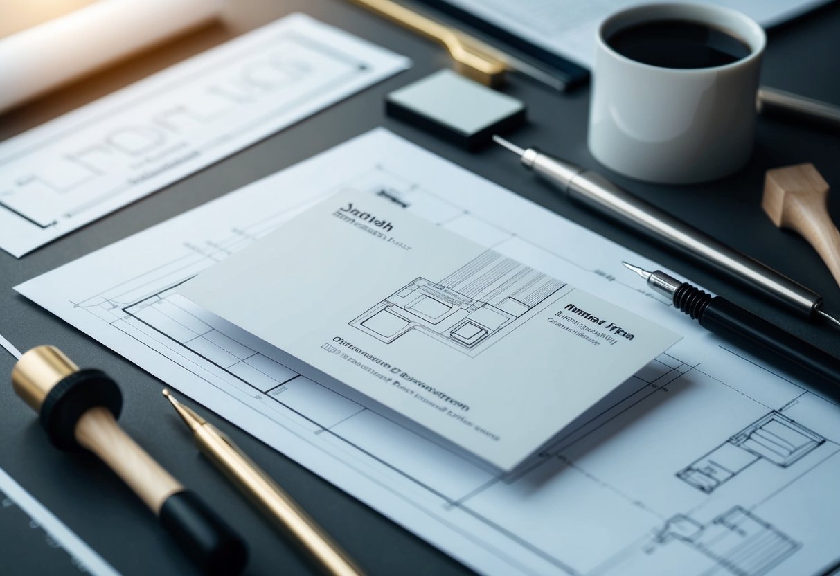 Um projeto arquitetónico moderno rodeado por ferramentas de desenho e um design de cartão de visita elegante e minimalista