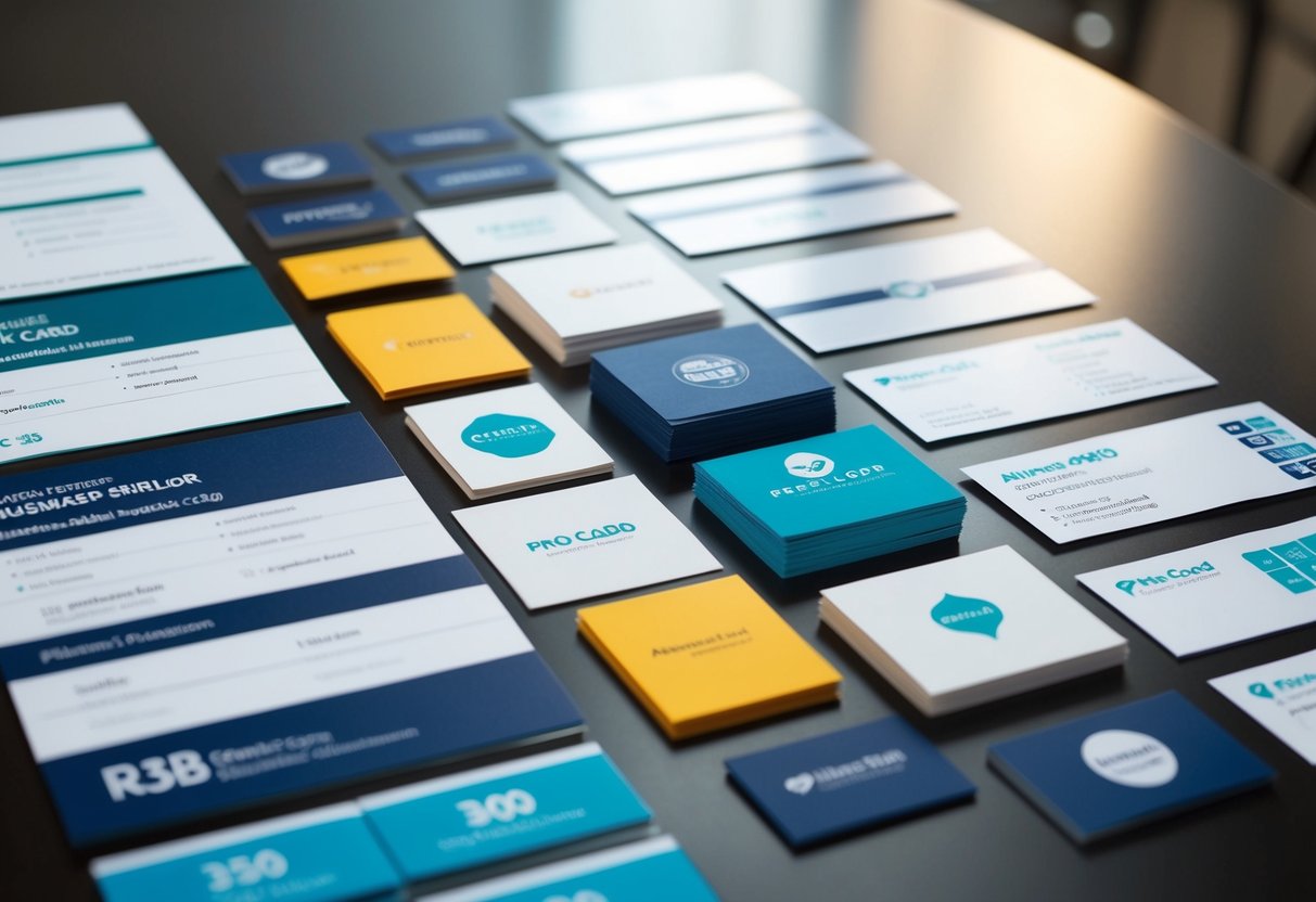 Uma tabela com várias amostras de cartões de visita, juntamente com listas de preços e informações de contacto de diferentes fornecedores acessíveis.