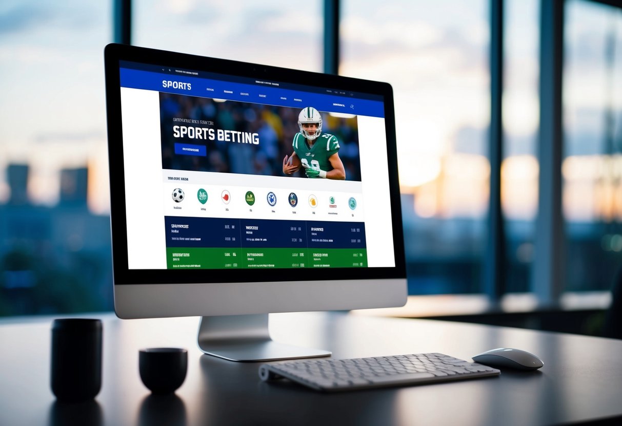 Um ecrã de computador a mostrar a página inicial de um site de apostas desportivas, com vários ícones de desporto, odds e um design elegante e moderno.