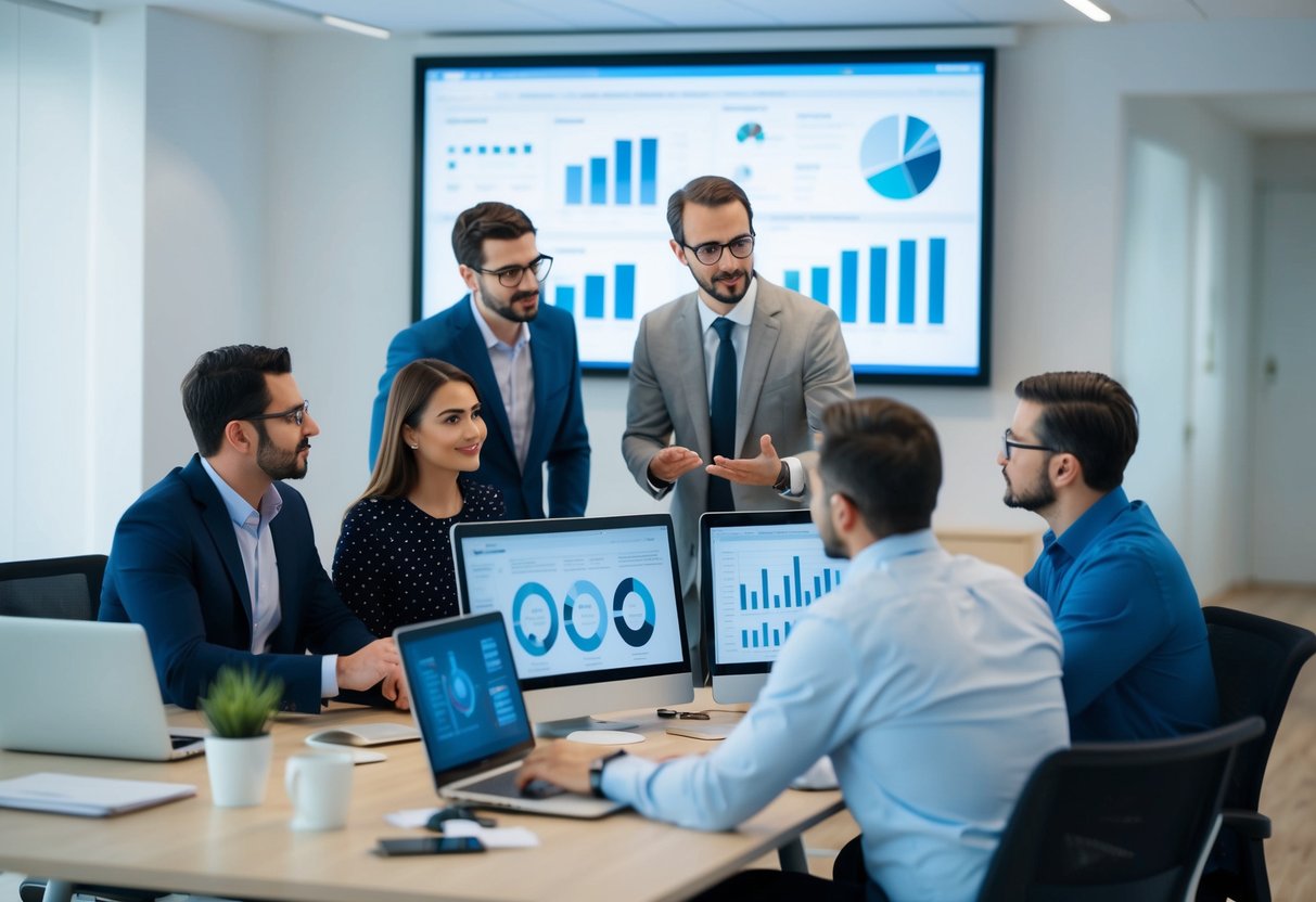 Um grupo de especialistas em SEO em Portugal a discutir estratégias e a analisar dados em ecrãs de computador num ambiente de escritório moderno.