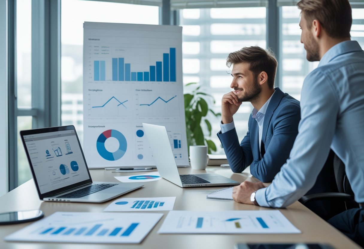 Pessoa a decidir entre criar um site sozinha ou contratar uma agência, num escritório moderno com laptop e materiais de trabalho.