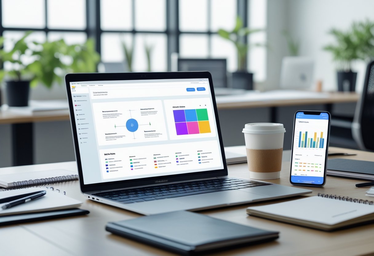 Espaço de trabalho moderno com um portátil a mostrar o design de um site, rodeado por cadernos, um smartphone com gráficos e uma chávena de café, numa sala de escritório iluminada e organizada.