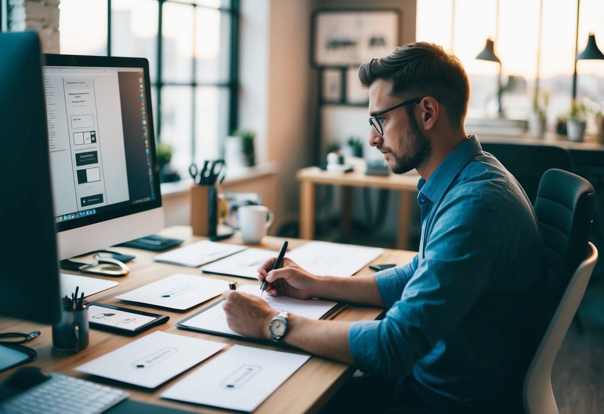 Um designer está sentado a uma secretária, a esboçar ideias para cartões de visita. Um computador, uma mesa digitalizadora e várias ferramentas de design estão espalhadas pelo espaço de trabalho.
